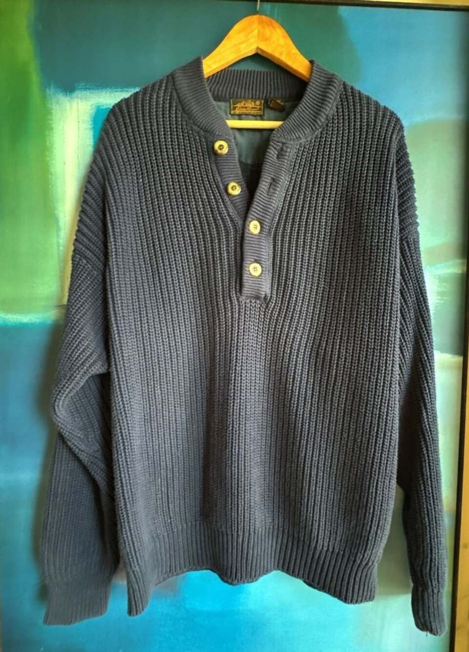 Eddie Bauer Sweater Size XL Blue Cable Knit Henley Pullover